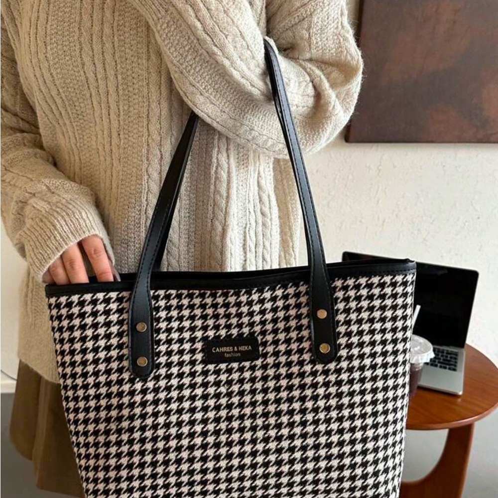 Black and White Houndstooth Tote Bag